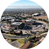 A drone image shot of buildings on the Denver campus.
